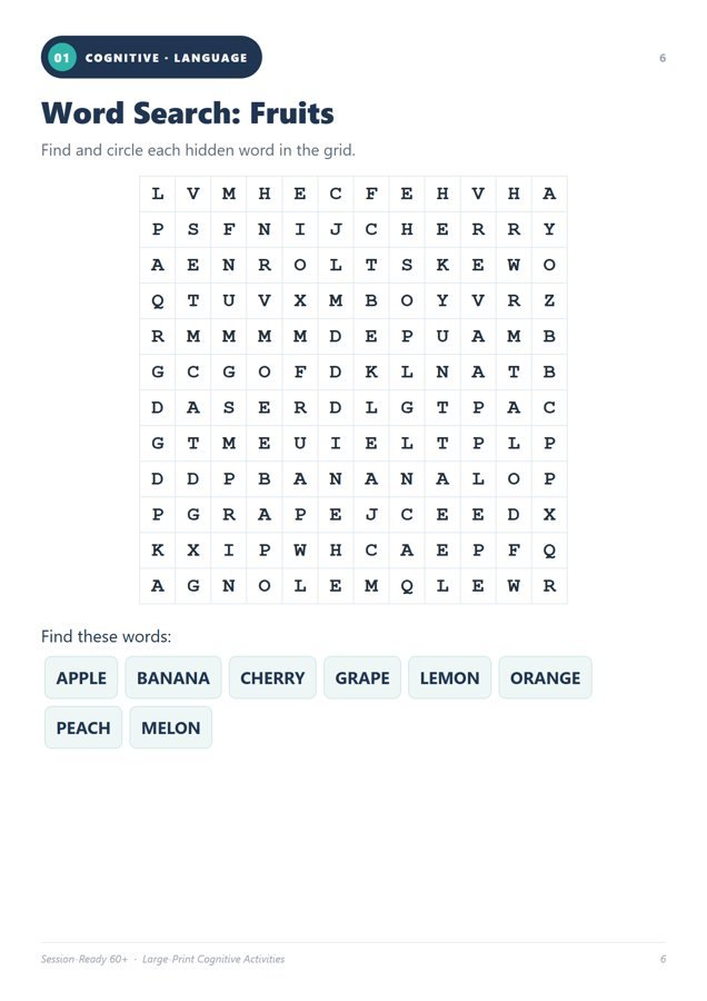 Sample cognitive worksheet: word search